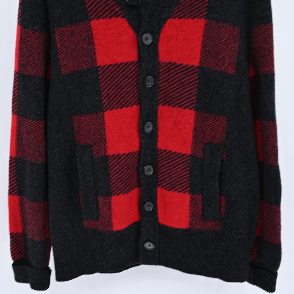 Banana Republic Buffalo Plaid Shawl Collar Cardigan Mens Large Red Black Merino - Picture 5 of 14